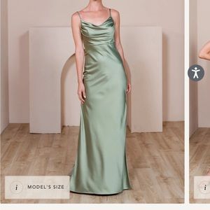 Revelry skye satin bridesmaid dress. Silver sage color. Never worn.